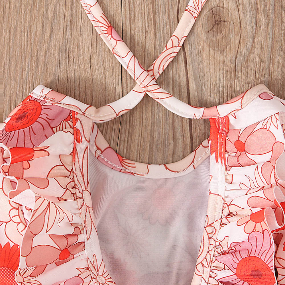 Girl's Pattern Graphic Print Crew Neck Open Back Swimsuit view 10