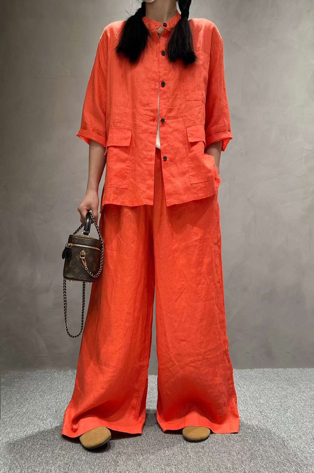 Solid Color Linen Suit Half Sleeve Shirt Casual Pants view 6