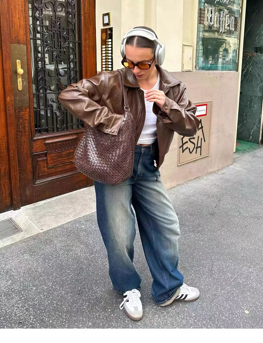 Women's Vintage Brown Leather Motorcycle Jacket view 15