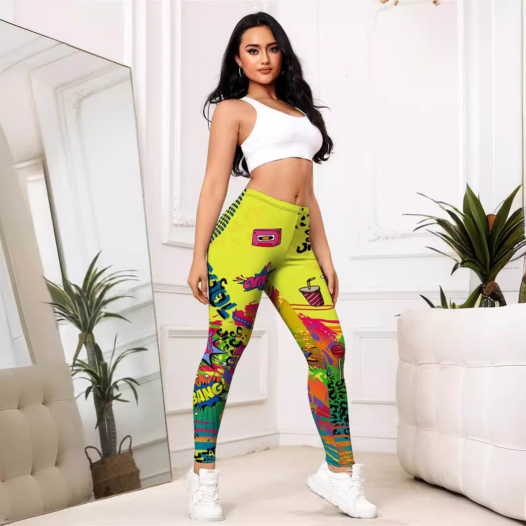Yellow Cartoon Printed Sports Slim-fitting Leggings view 2