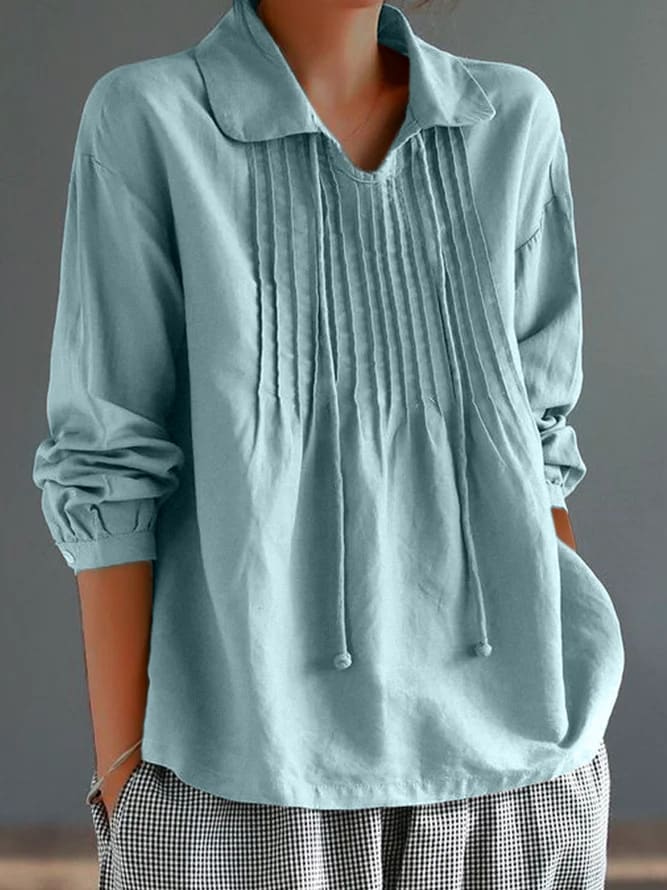 Loose Cotton And Linen Long Sleeve Women's Pleated Lapel Shirt view 11