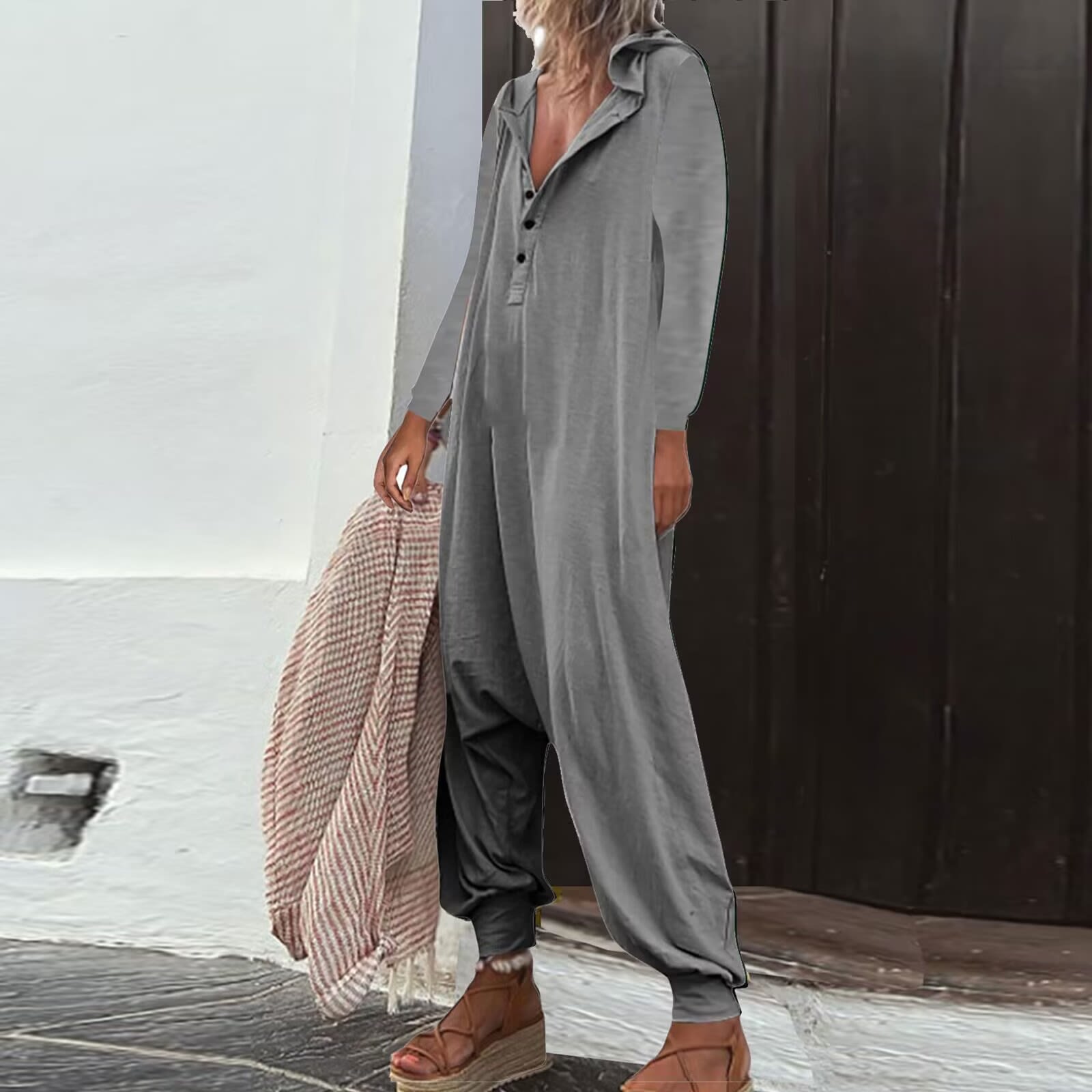 Hooded Side Pocket Long Sleeve Trousers Jumpsuit Baggy Pants