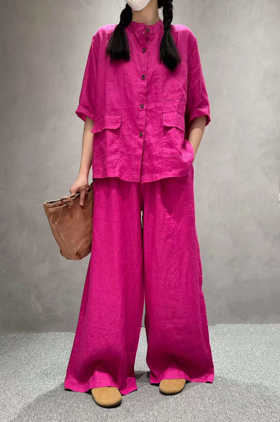 Solid Color Linen Suit Half Sleeve Shirt Casual Pants view 4