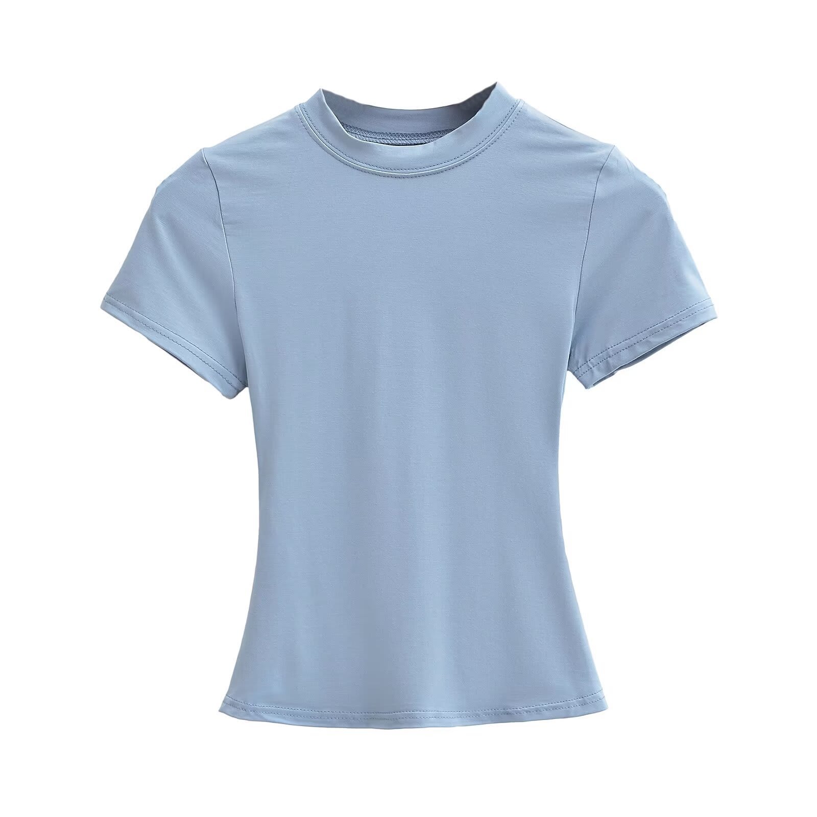 Solid Color Small Round Neck Elastic Shoulder Short Sleeve T-shirt Basic Style Waist-tight view 2