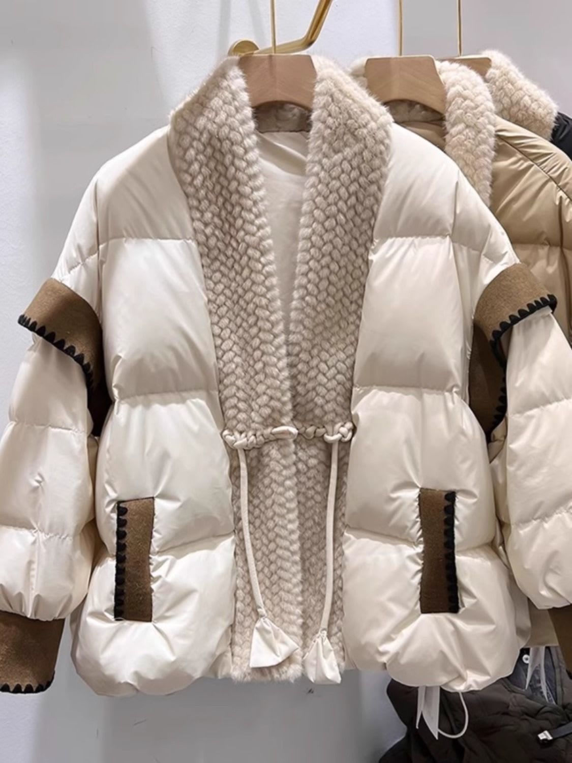 V-neck Frog Button Stitching Furry Padded Down Jacket Cotton-padded Coat view 4