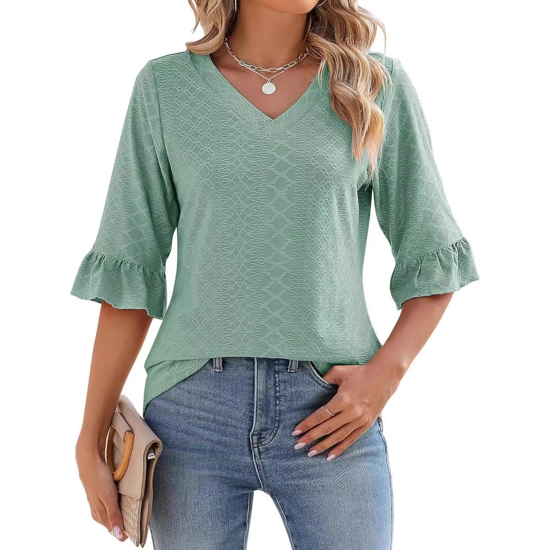 Women's Printed Hollow Ruffle Sleeve Casual Short-sleeved Top view 7