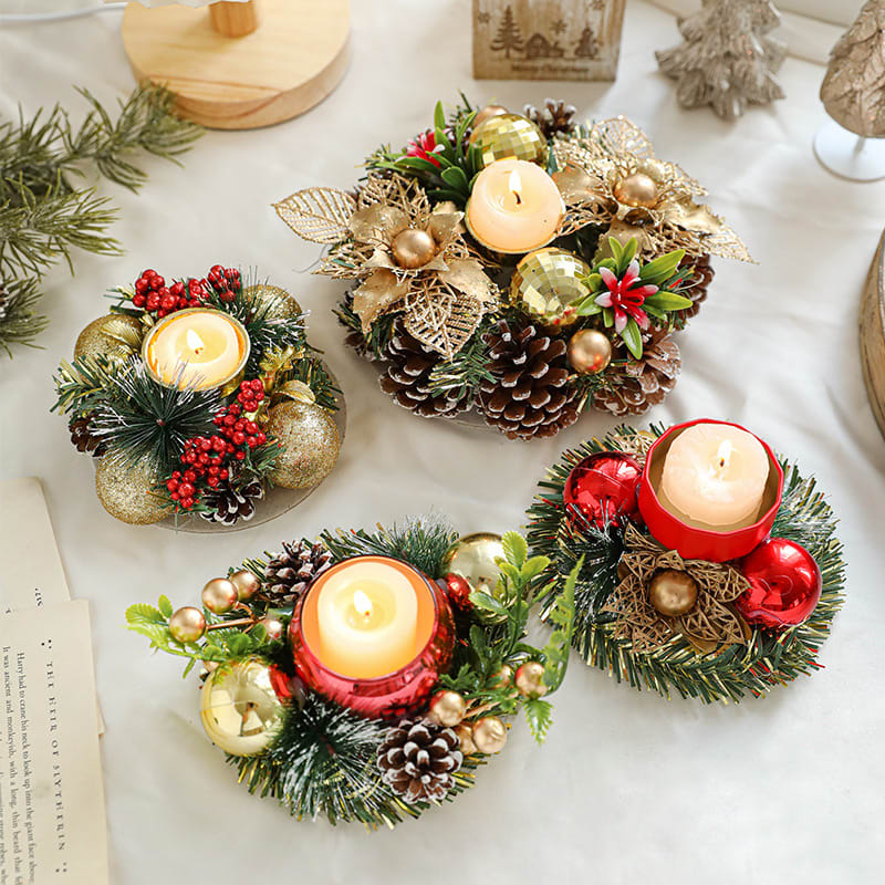 Christmas Candle Metals Candlestick Wreath Artificial Pinball Pinecone Candle Holder Fake Leaves Xmas New Year Home Table Decor view 10