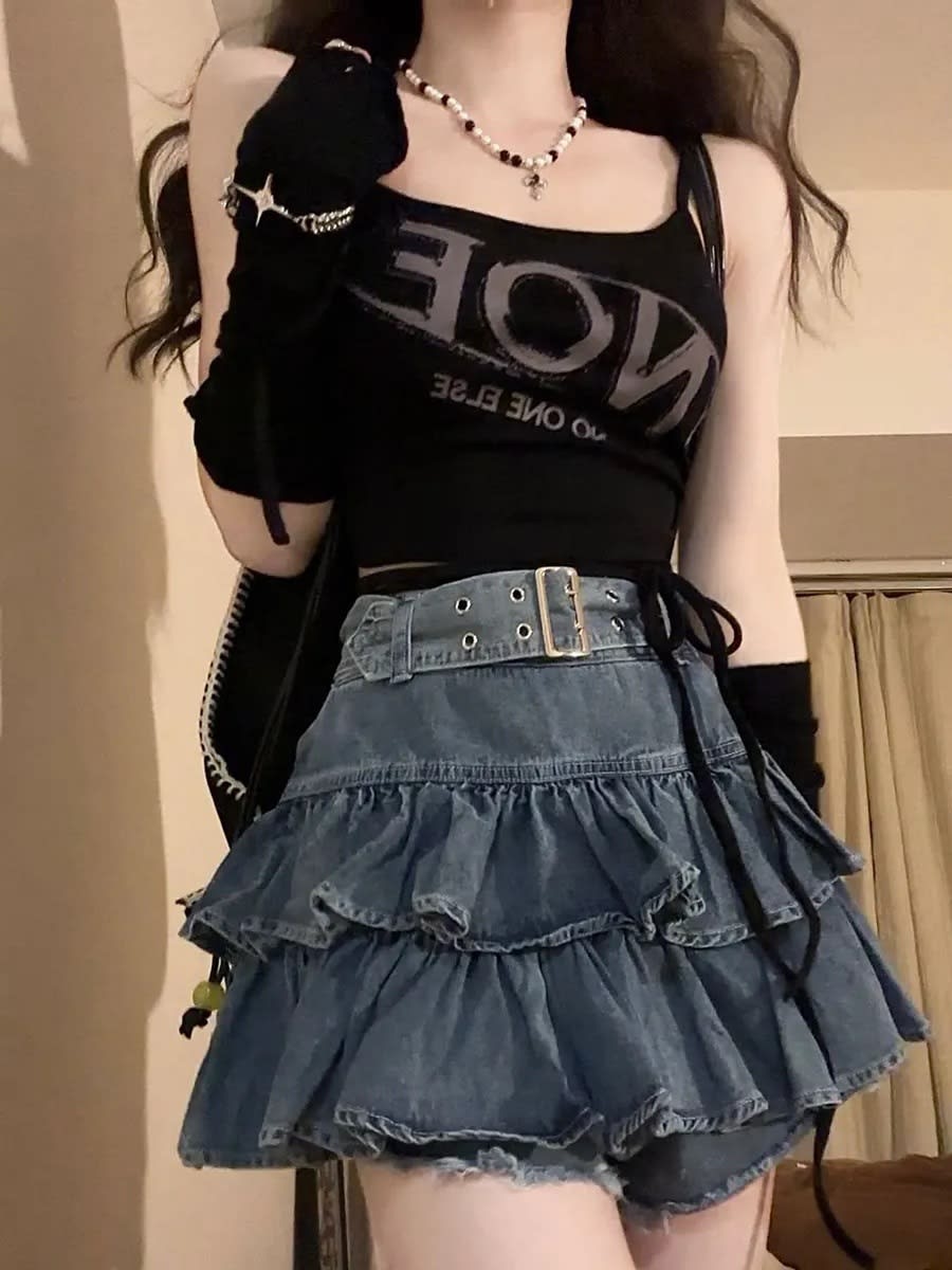Fashion Suit Lotus Leaf Border Light Denim Skirt Letter Cutout Sling view 2