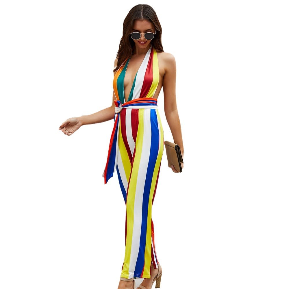 Women's V-neck Colorful Striped Jumpsuit view 2