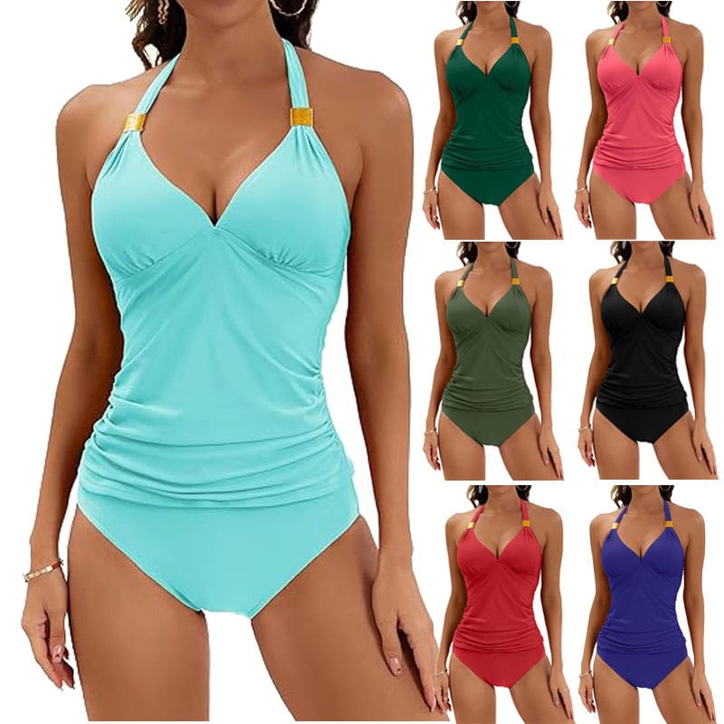 Women's Pure Color Halter Split Tie Two Piece Swimsuit view 9