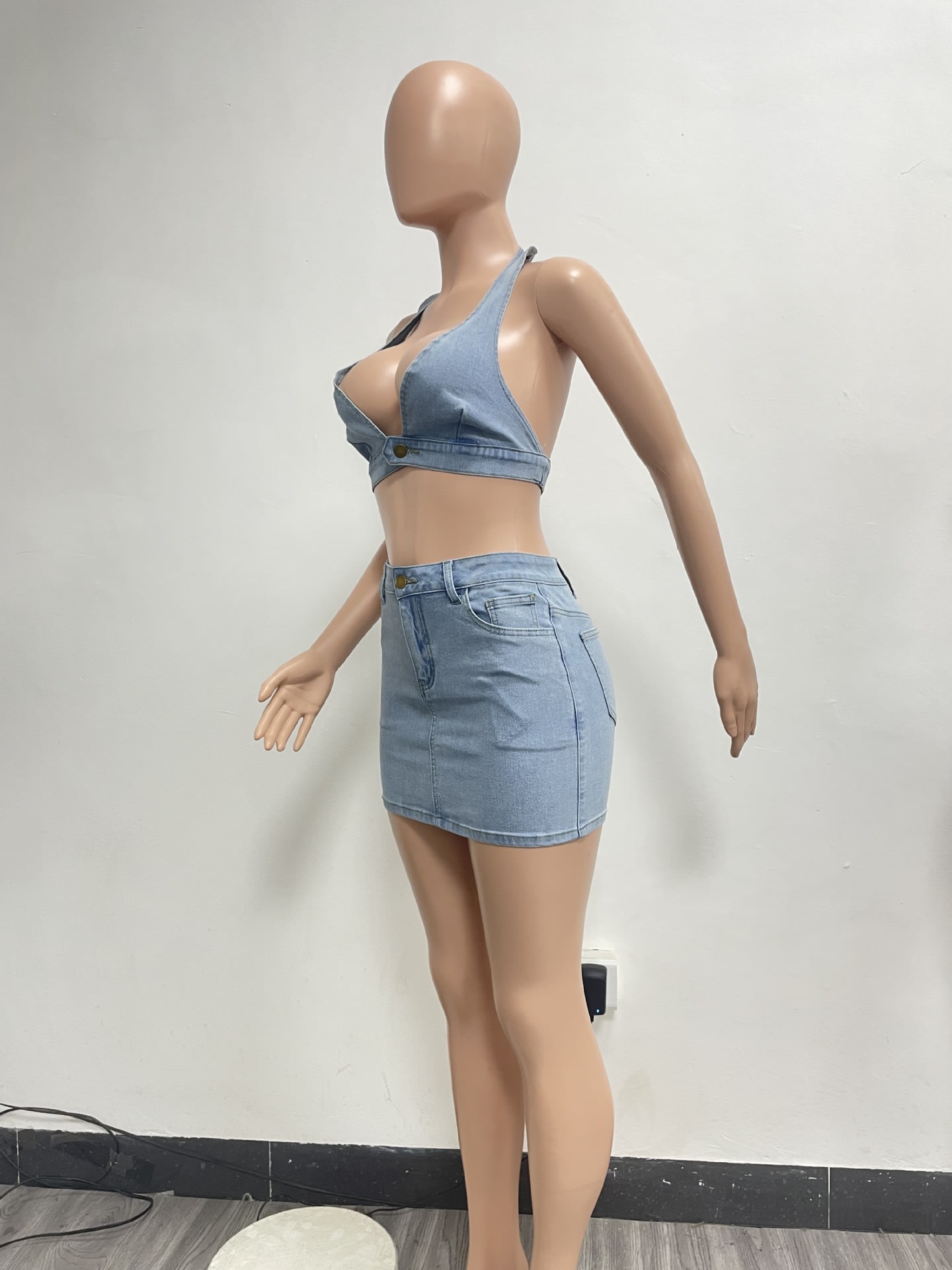Washed Elastic Denim Casual Sexy Skirt Suit view 11