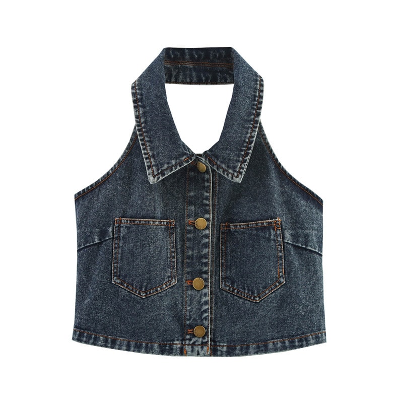 Sexy Big Backless Lapel Halter Denim Camisole view 2