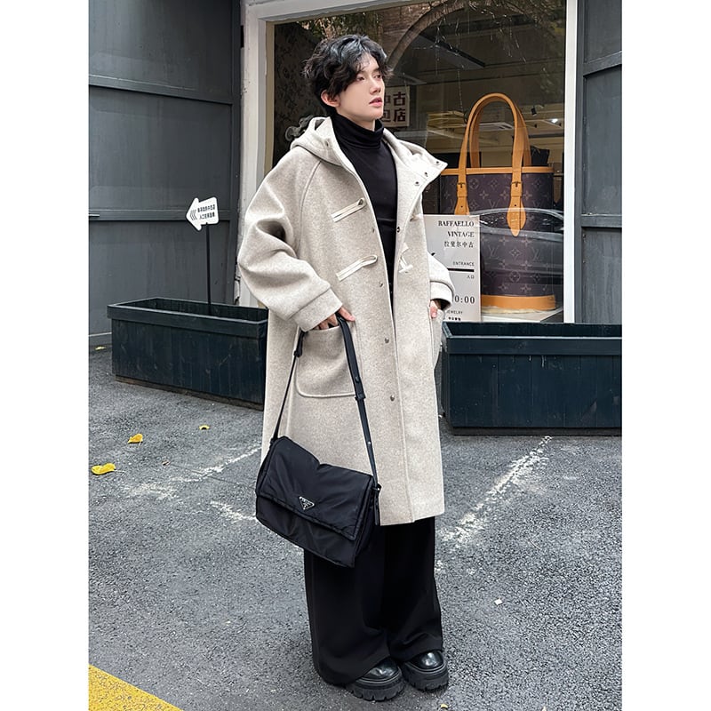 High-grade Woolen Horn Button Hooded Coat Mid-length view 7