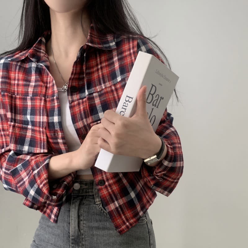 Short Long Sleeve Plaid Shirt Fashion Baggy Coat view 5