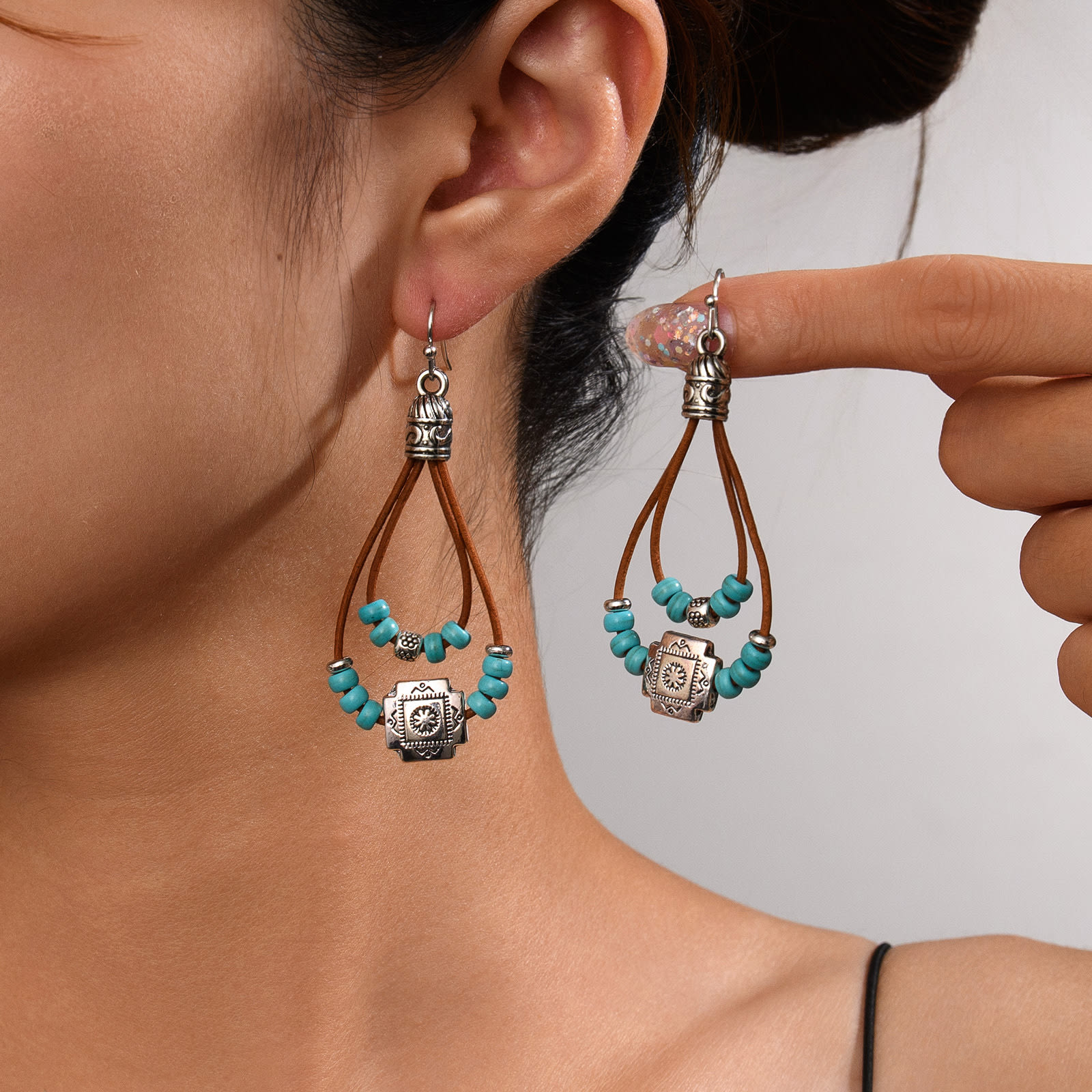Vintage Earrings Ethnic Style Antique Silver Flower Turquoise Rope Pendant Women's Jewelry view 16