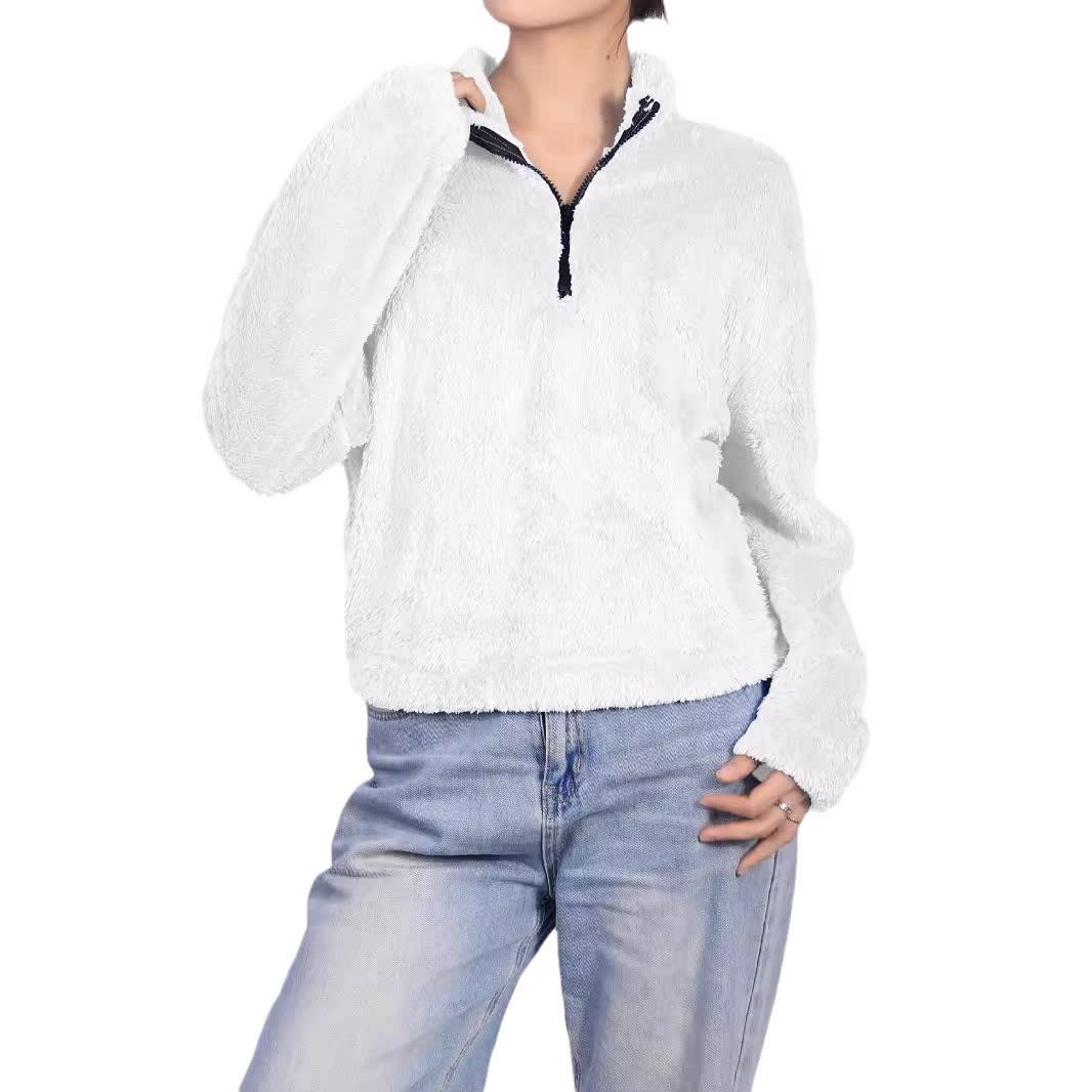 Thermal Half-high Collar Long Sleeves Zipper Design Loose Casual Top view 2