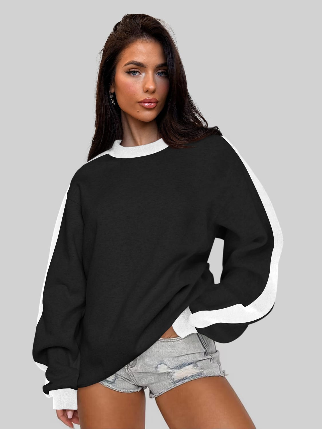 Women's Contrast Color Round Neck Loose Sweater Long-sleeved Top view 11