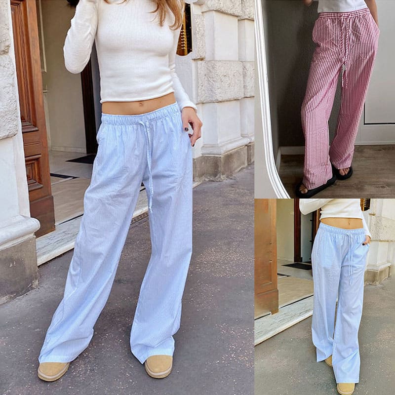 Striped Printed Elastic Waist Drawstring Pocket Straight Casual Trousers view 16