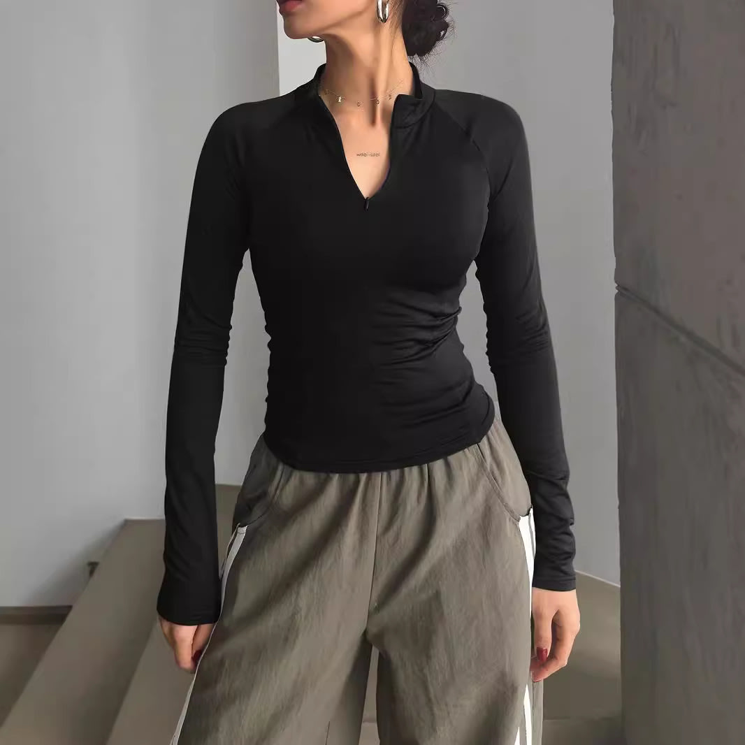 European And American Sports Style Long-sleeved T-shirt Solid Color Y2g Half-open Collar Short Top view 5