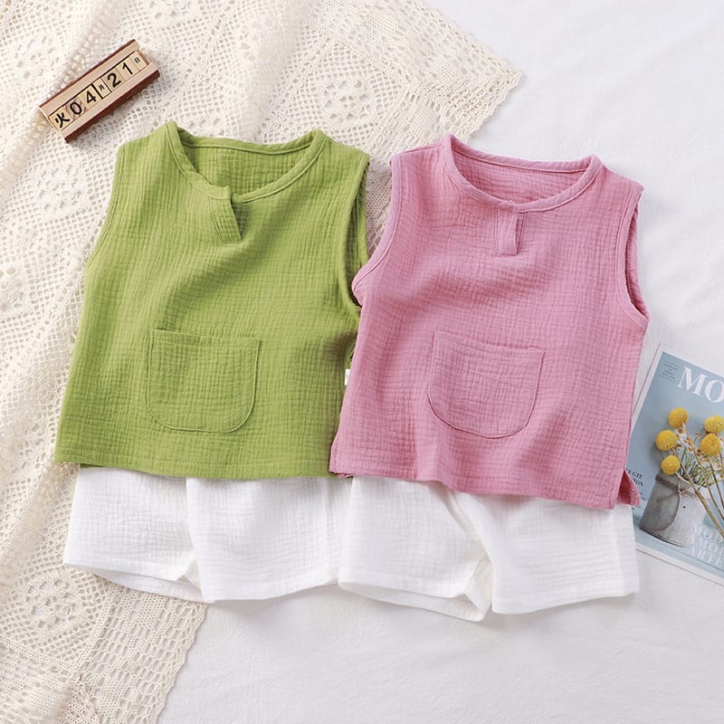 Children Two-piece Cotton Solid Color Double-layer Yarn Vest Short Home Pajamas view 8