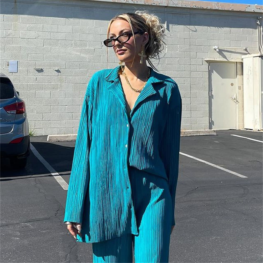 Pleated Design Shirt Outfit Straight-leg Trousers Loose Drooping Two-piece Set view 2