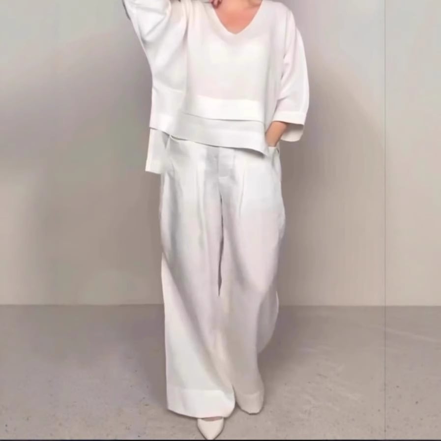 Solid Color Round Neck Long Sleeve Casual Top Straight-leg Pants Two-piece Set view 10