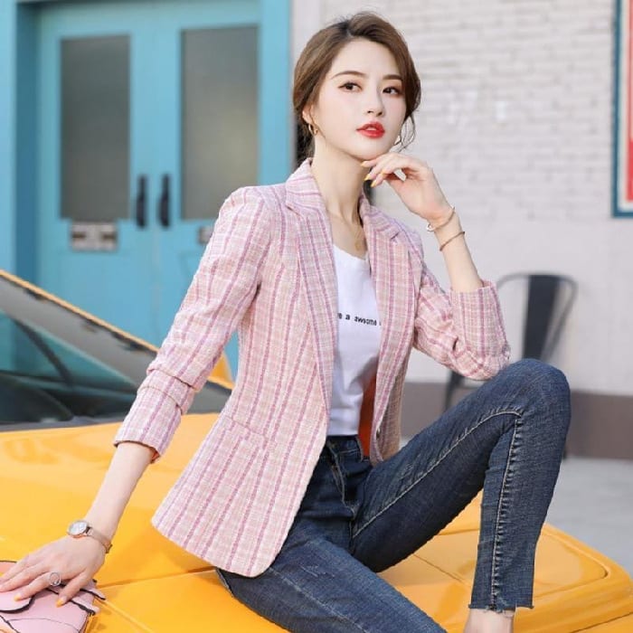 Korean Style British Casual Plaid Short Suit view 7