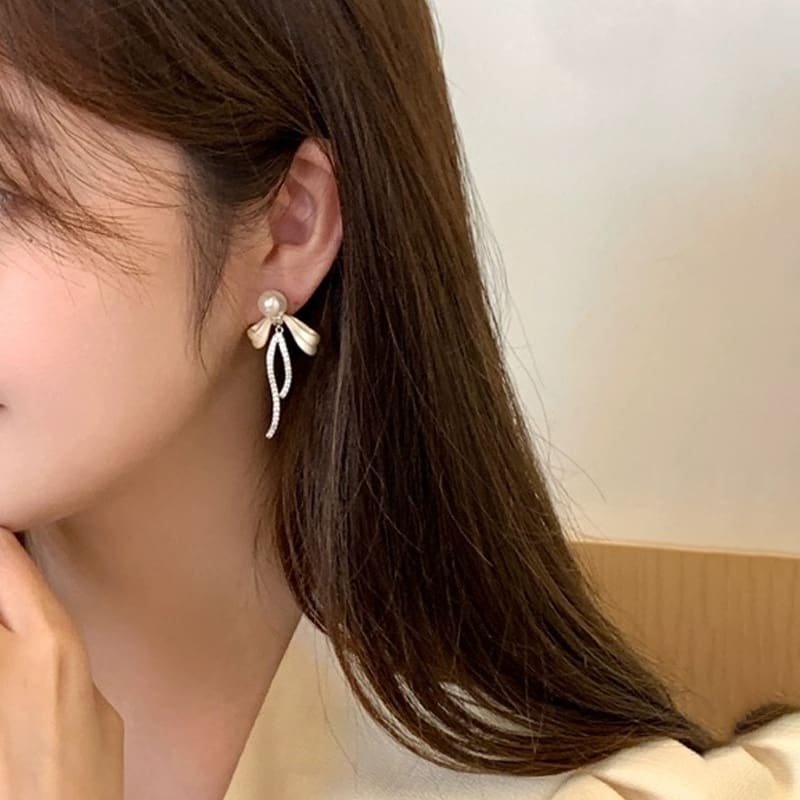 Navy Blue Tassel Long Bow Tie Female Stud Earrings view 6