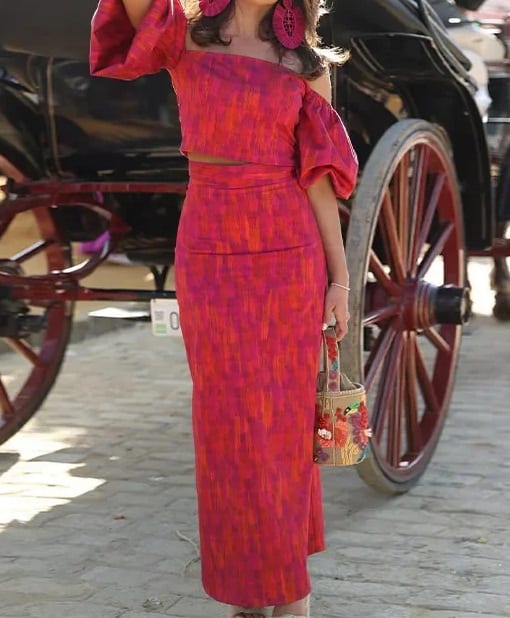 Elegant Bandeau One-shoulder Puff Sleeve Top Mid-length Dress Set Lightly Mature view 4