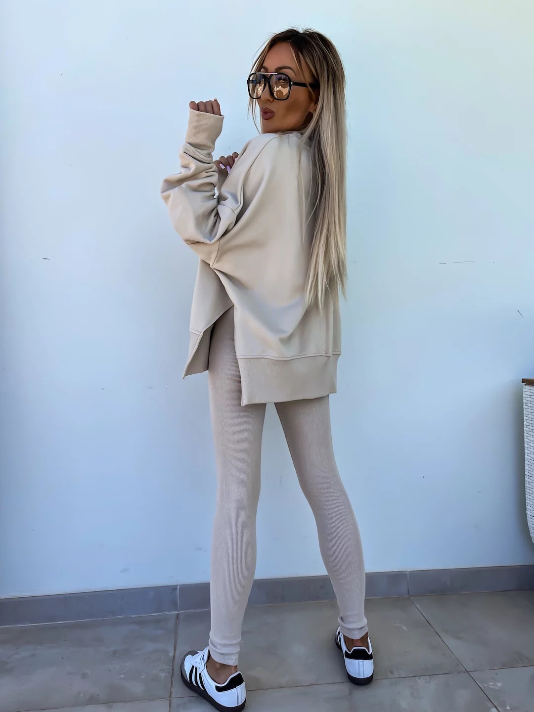 Sweater Suit Women's Casual Loose Long Sleeve Crew Neck Split Top Tight Trousers view 42