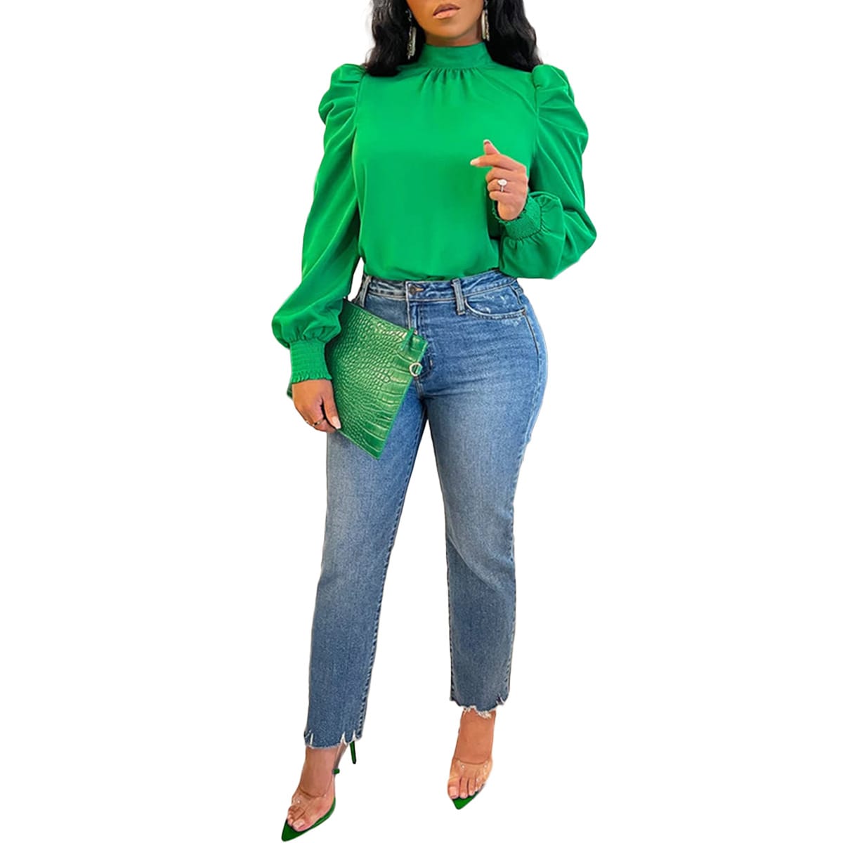 Stand Collar Puff Sleeve Back Lace-up Top view 7