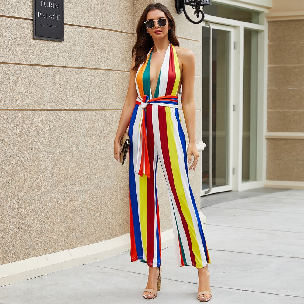 Women's V-neck Colorful Striped Jumpsuit view 3