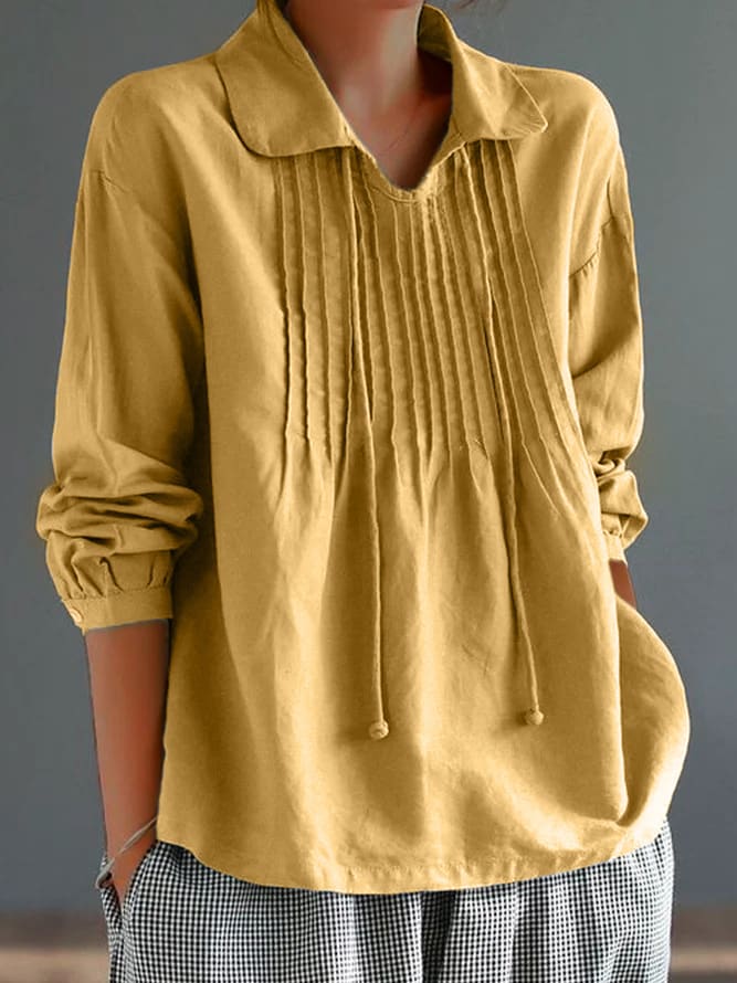 Loose Cotton And Linen Long Sleeve Women's Pleated Lapel Shirt view 4