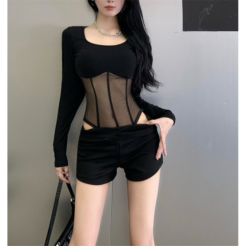 Mesh Slim Fit Sexy Hot Girl Fishbone Bottoming Shirt One-piece Scarf Detachable