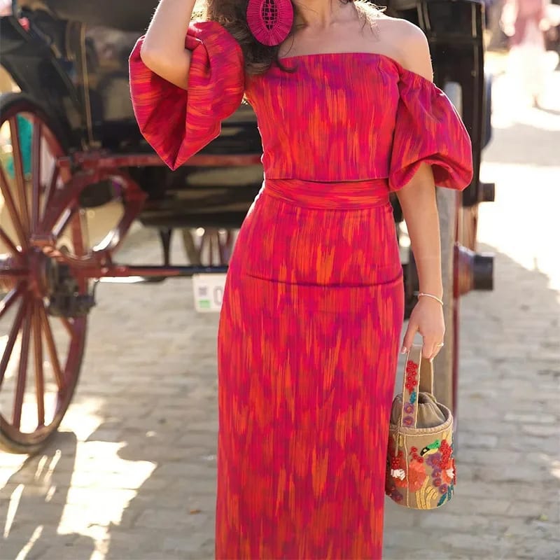 Elegant Bandeau One-shoulder Puff Sleeve Top Mid-length Dress Set Lightly Mature view 6