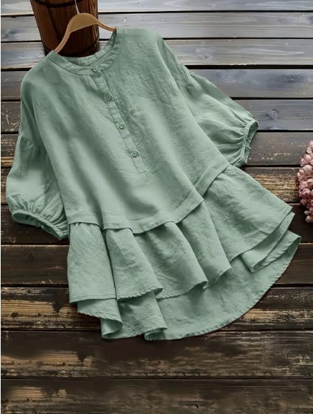 Women's Solid Color Buttons Cotton And Linen Short Sleeve Mid-length Shirt view 5