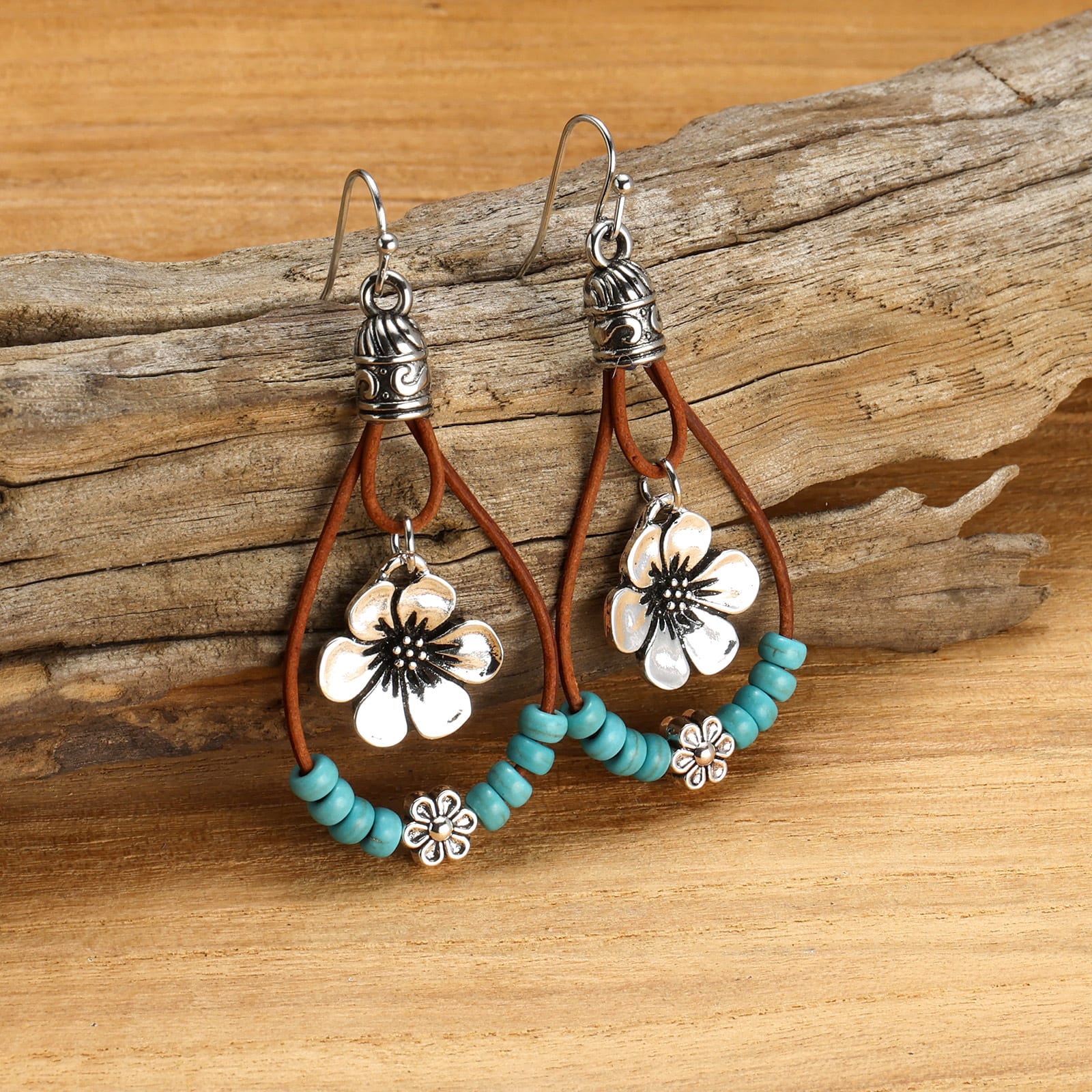 Vintage Earrings Ethnic Style Antique Silver Flower Turquoise Rope Pendant Women's Jewelry