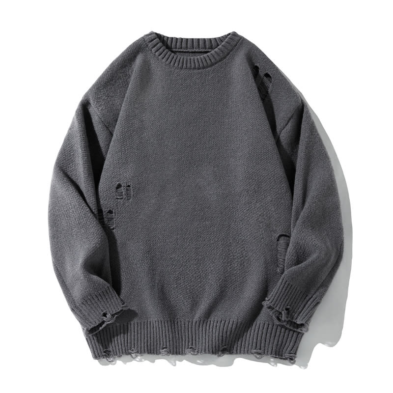Retro Hollow-out Ripped Design Round Neck Sweater view 5