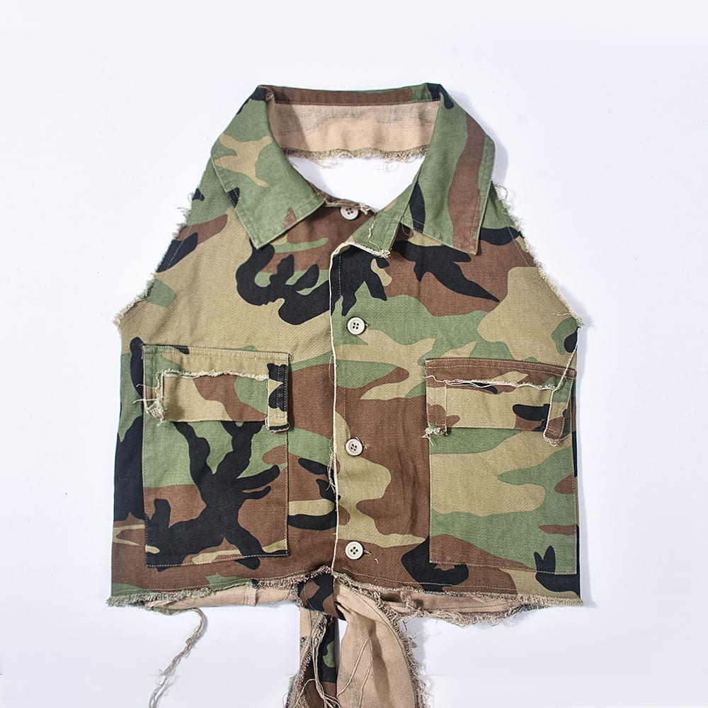 Personalized Trendy Backless Halter Lace-up Camouflage Top view 7