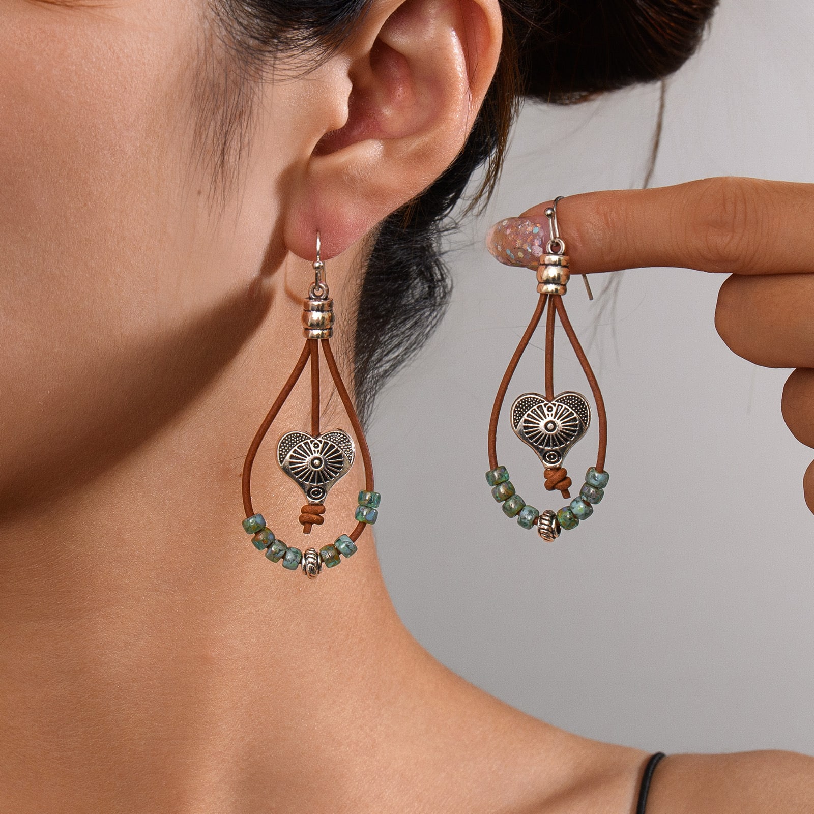 Vintage Earrings Ethnic Style Antique Silver Flower Turquoise Rope Pendant Women's Jewelry view 18