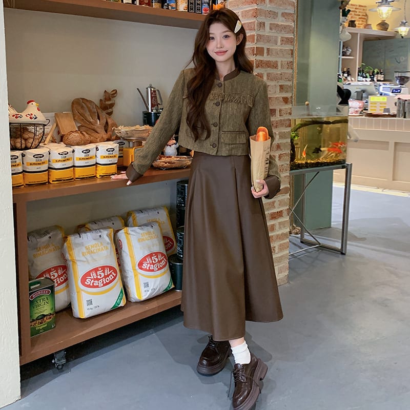 Coat PU Leather Skirt Suit