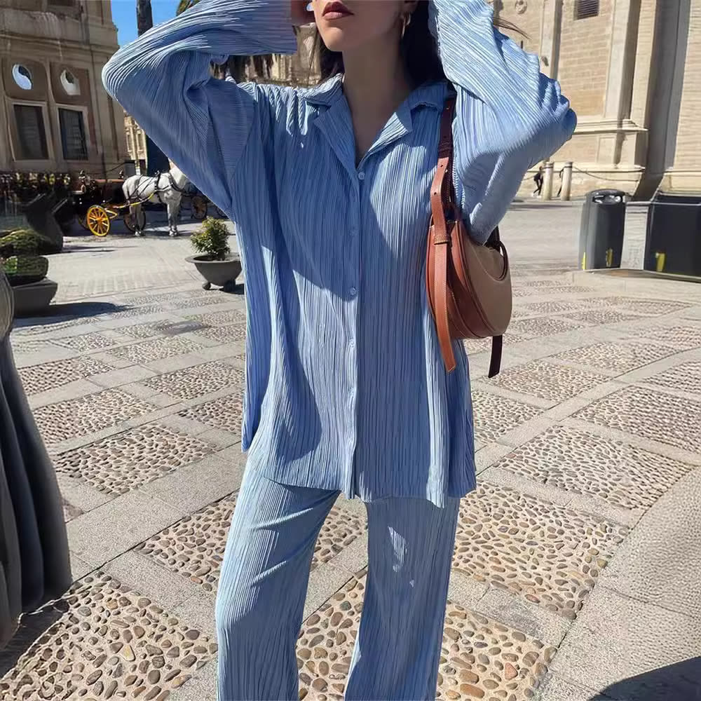 Pleated Design Shirt Outfit Straight-leg Trousers Loose Drooping Two-piece Set view 12