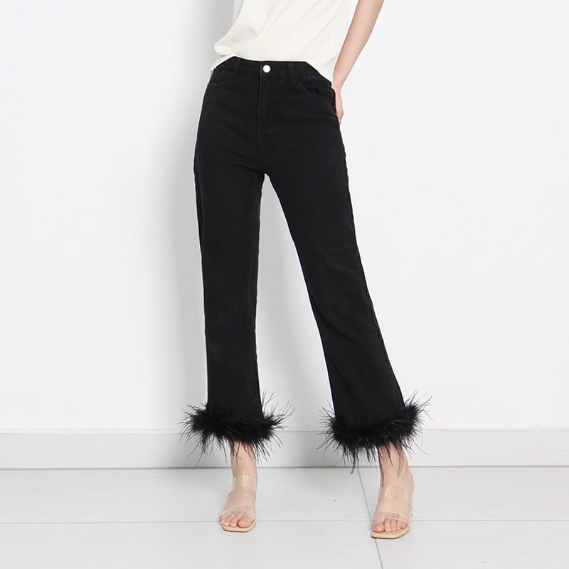 Simple Cropped Fashion Trousers Ostrich Feather Stitching Design For Women view 5
