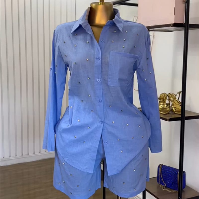 Lapel Beaded Slim-fit Long-sleeved Shirt Shorts Suit view 2