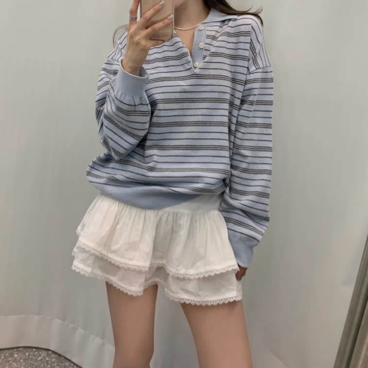 Blue Striped Sweater Women's Loose Long Sleeve Polo Collar Top view 3
