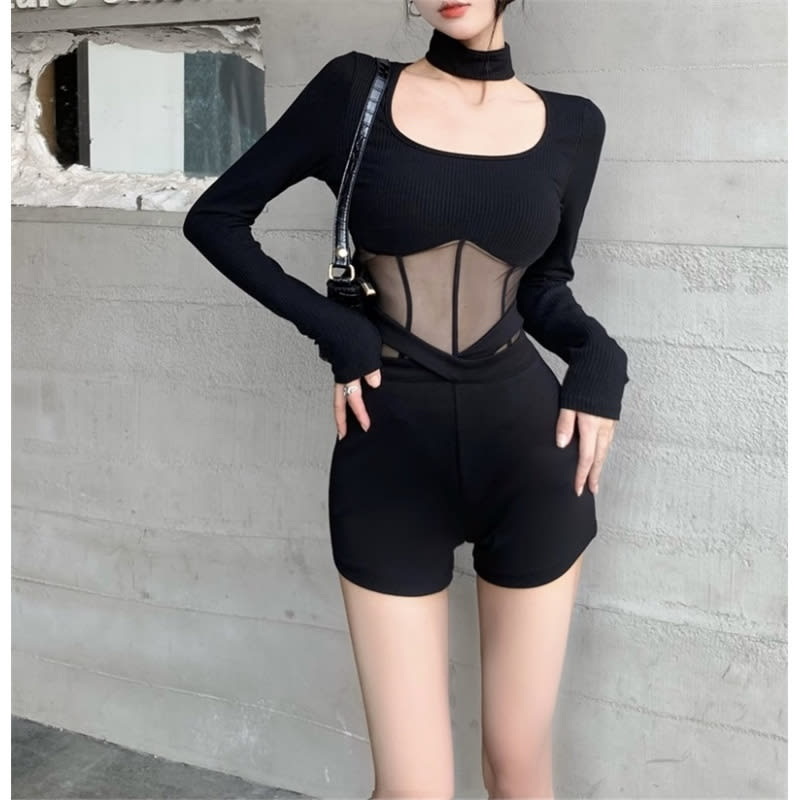Mesh Slim Fit Sexy Hot Girl Fishbone Bottoming Shirt One-piece Scarf Detachable view 4