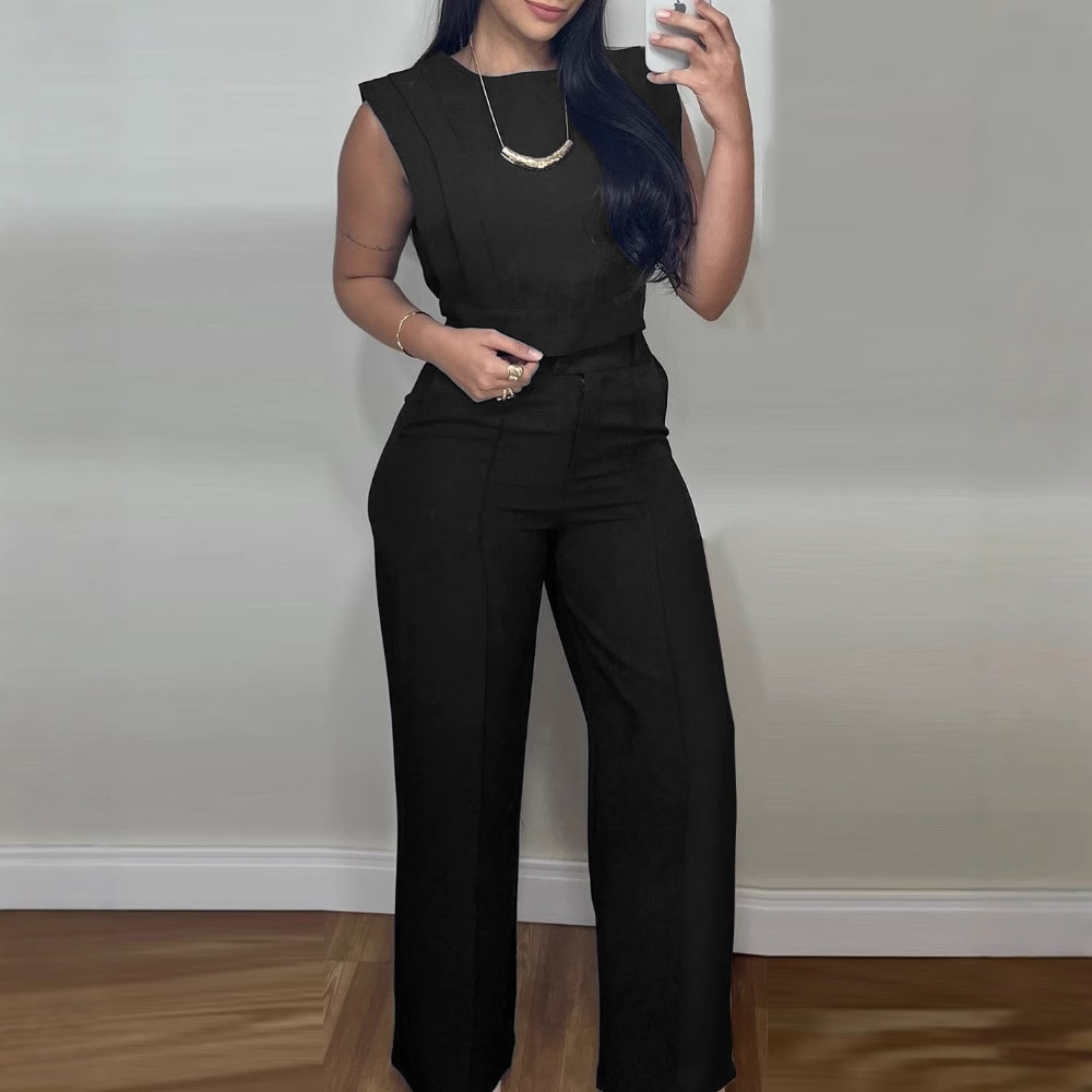 Summer Sleeveless Suit Fashion Round Neck Vest Top And Pocket Straight Pants Casual Trousers Set For Women Clothing view 4