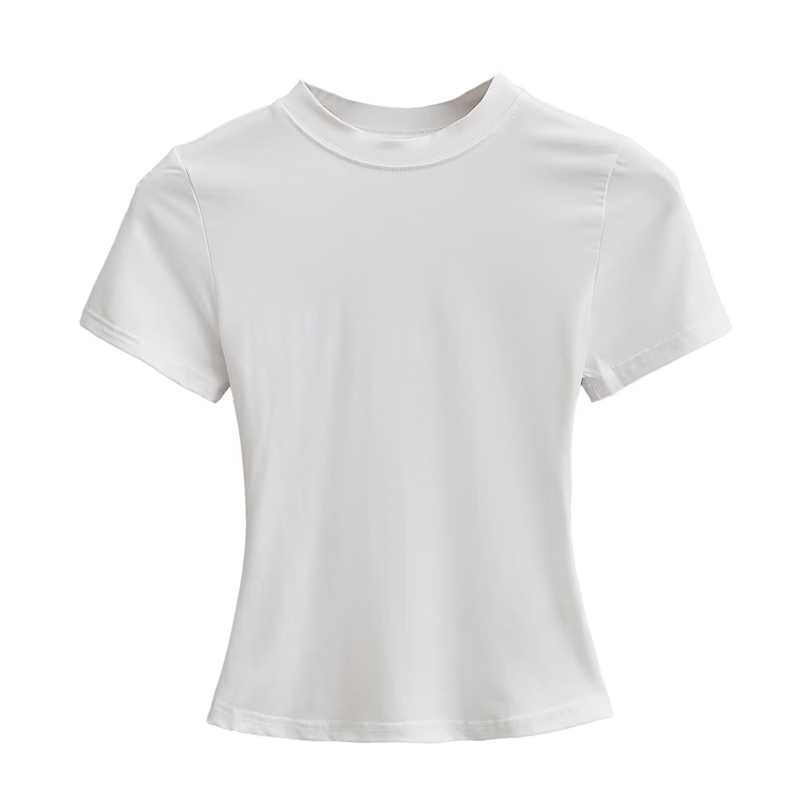 Solid Color Small Round Neck Elastic Shoulder Short Sleeve T-shirt Basic Style Waist-tight view 10
