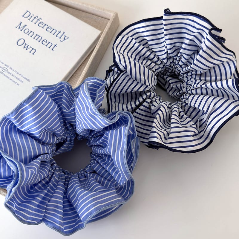 Sweet Blue Striped Double-layer Large Intestine Hair Ring All-match Hair Accessories view 2