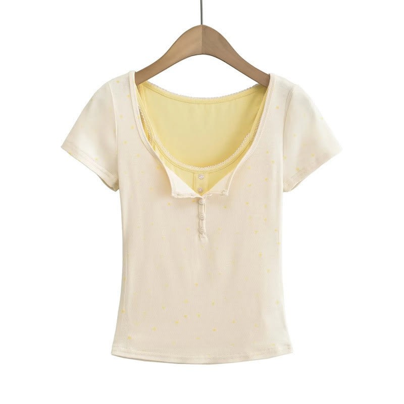 Sweet Girl Polka Dot Breasted Shoulder Short Sleeve Design Two-piece Set view 5